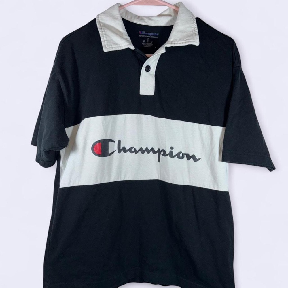 Champion Colorblock Rugby Polo Shirt Black White Logo Streetwear Men’s Small - Picture 1 of 4